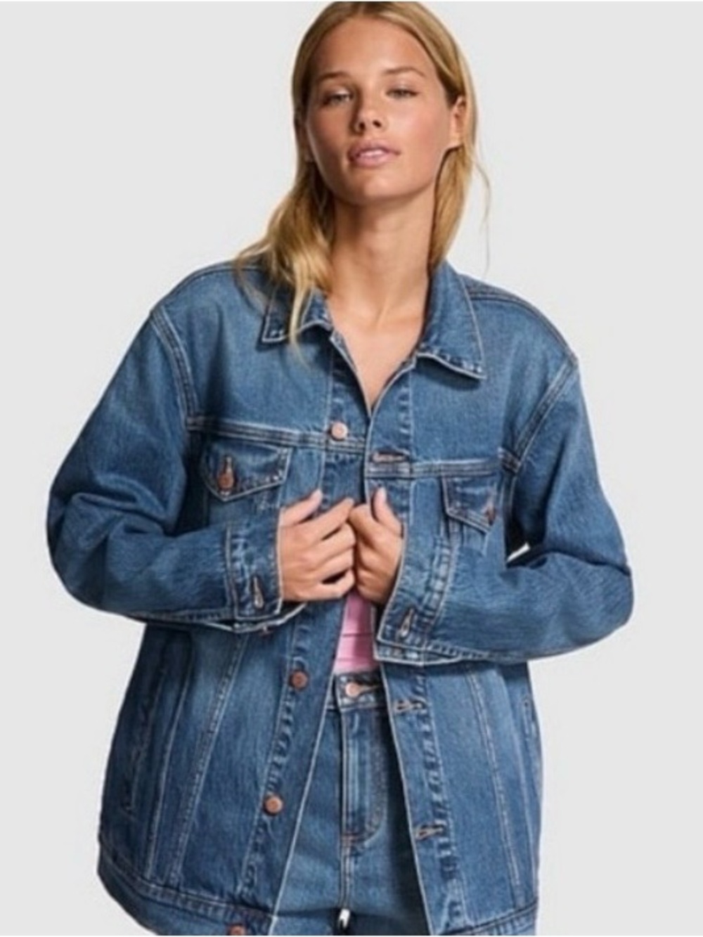 VS PINK Classic Blue Denim Jacket - Women's Oversized Jean Coat Small